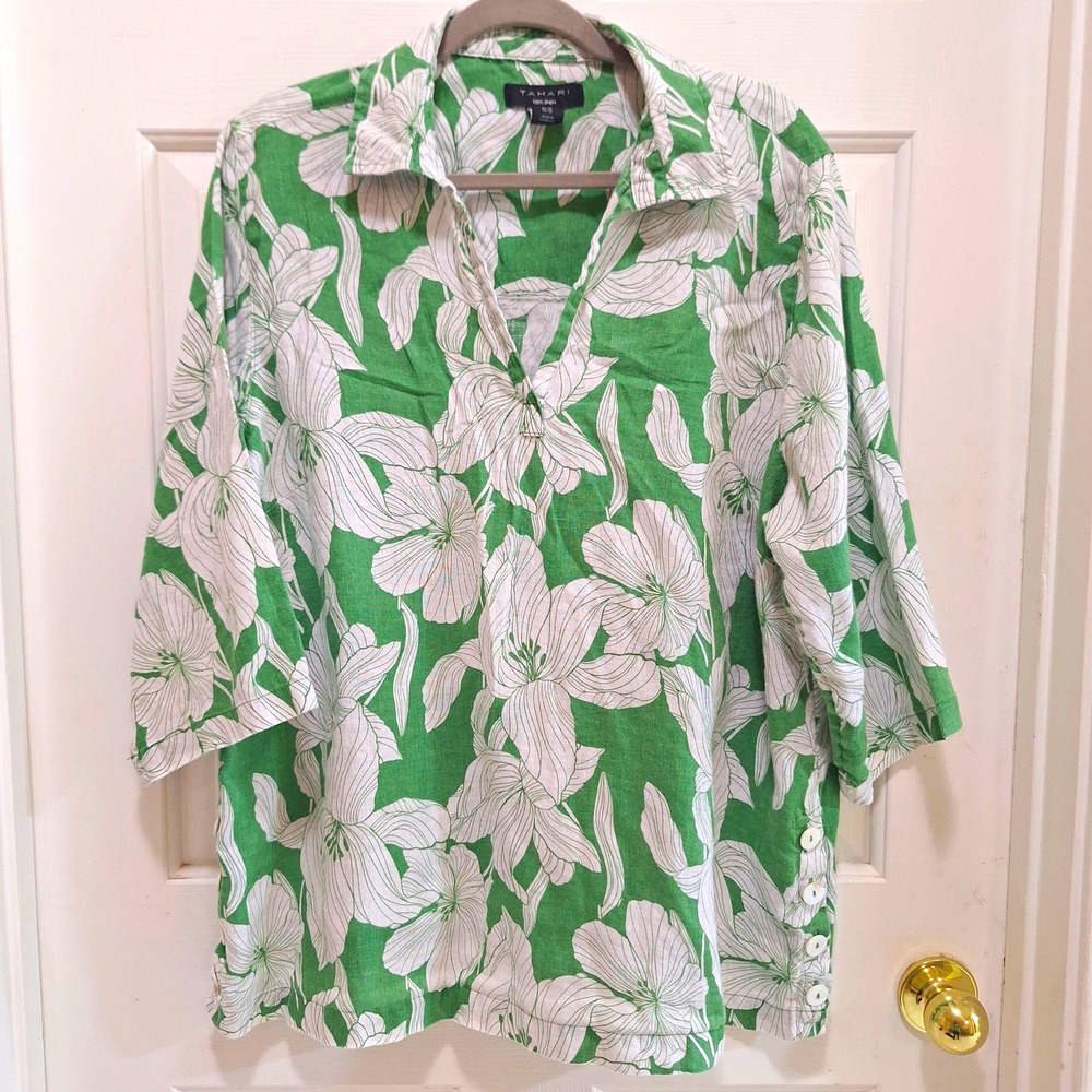 Tahari 1X 100% Linen Floral Tunic Top Green White Coastal Resort Beach Blouse